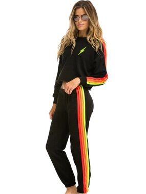 Aviator Nation
Black/Neon Stripe Sweatpants & Crop Crew Top  Set  Sz M